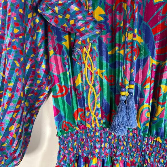 Vintage 80s Jaymee Papell Geometric Maxi Dress M Cinch Waist Ruffle Tassels - Picture 4 of 7